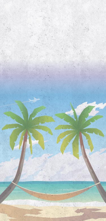 Graphic illustration of a hammock and two palm tree at the beach